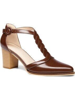 Women's Red-Brown Chunky Heels T Strap Pointed Toe Stacked Heeled Sandals Pumps
